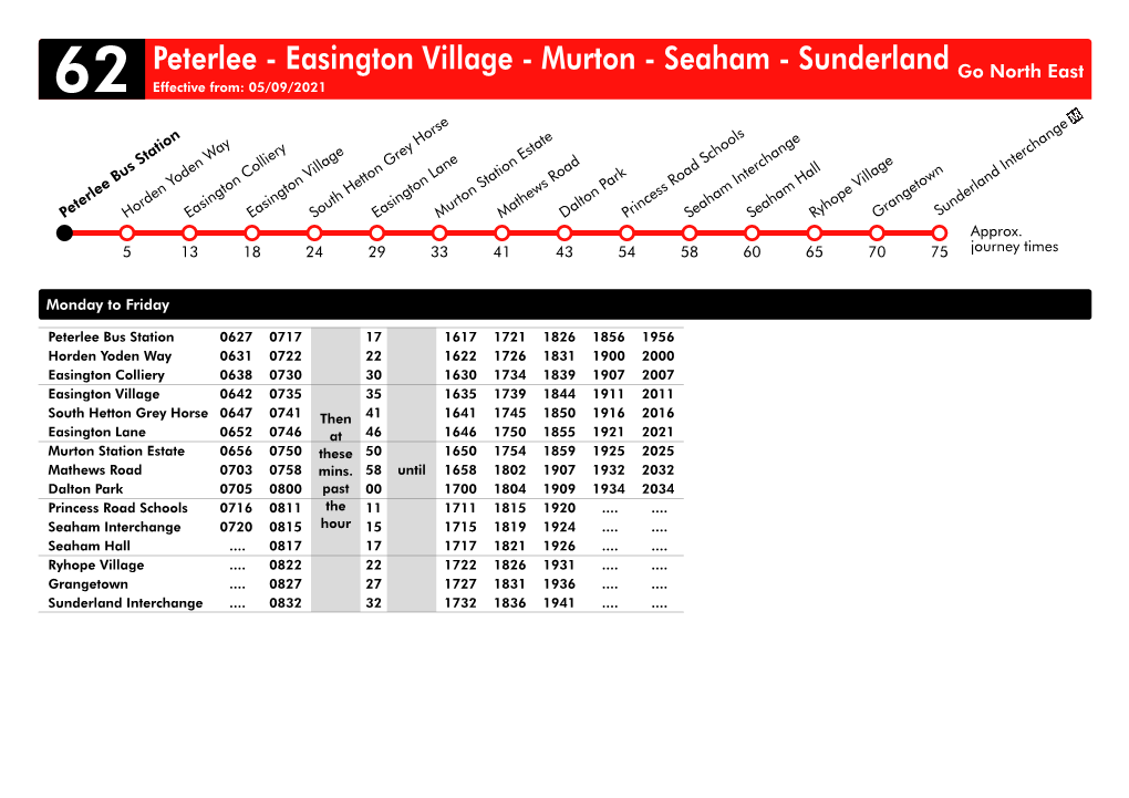 Peterlee - Easington Village - Murton - Seaham - Sunderland Go North East 62 Effective From: 05/09/2021