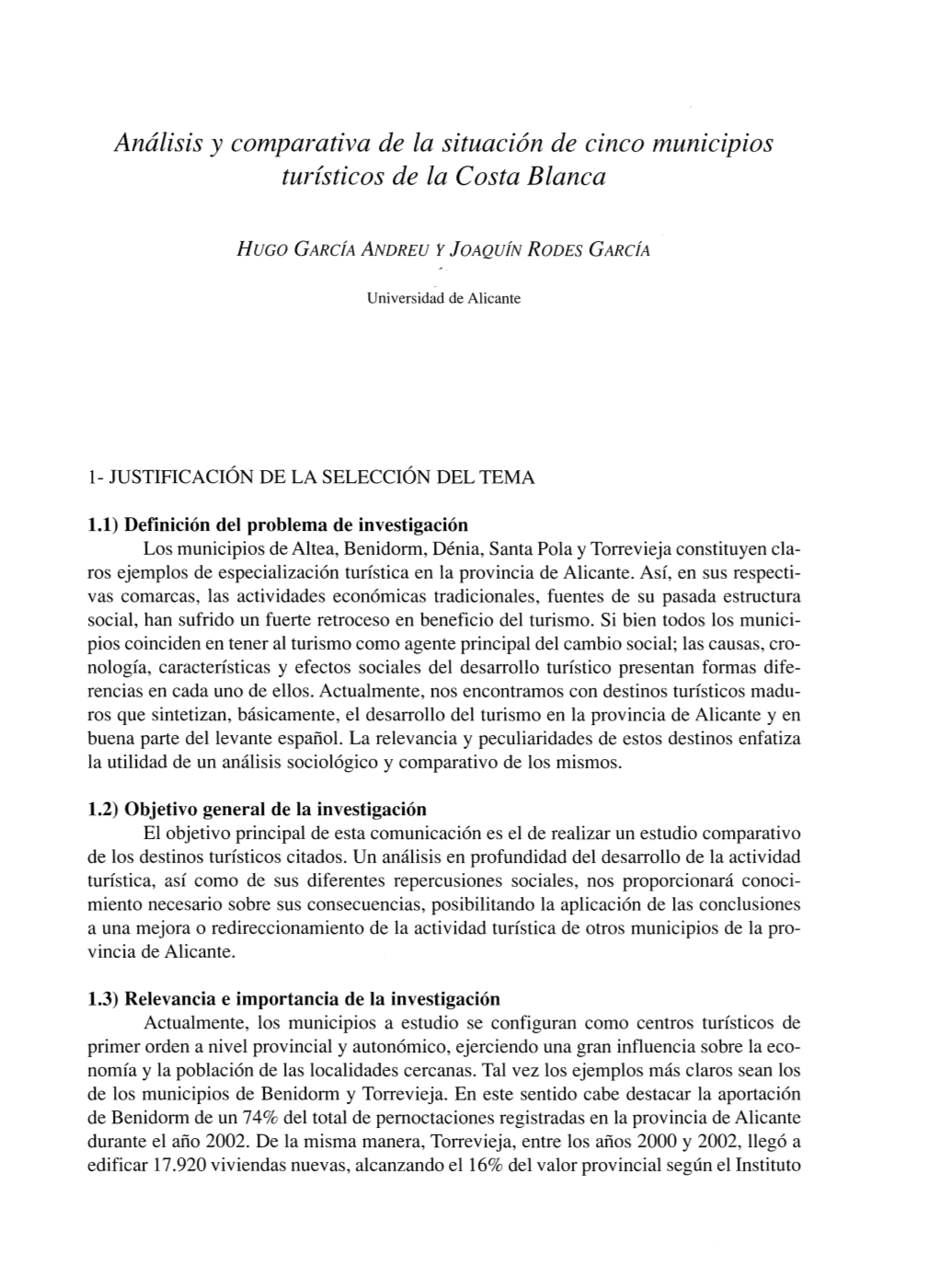 Análisis Y Comparativa De La Situación De Cinco Municipios Turísticos De La Costa Blanca