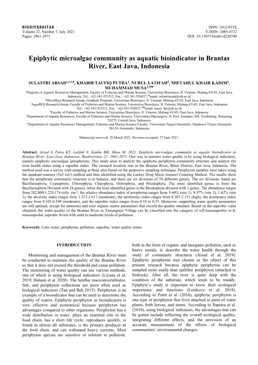 Epiphytic Microalgae Community As Aquatic Bioindicator in Brantas River, East Java, Indonesia