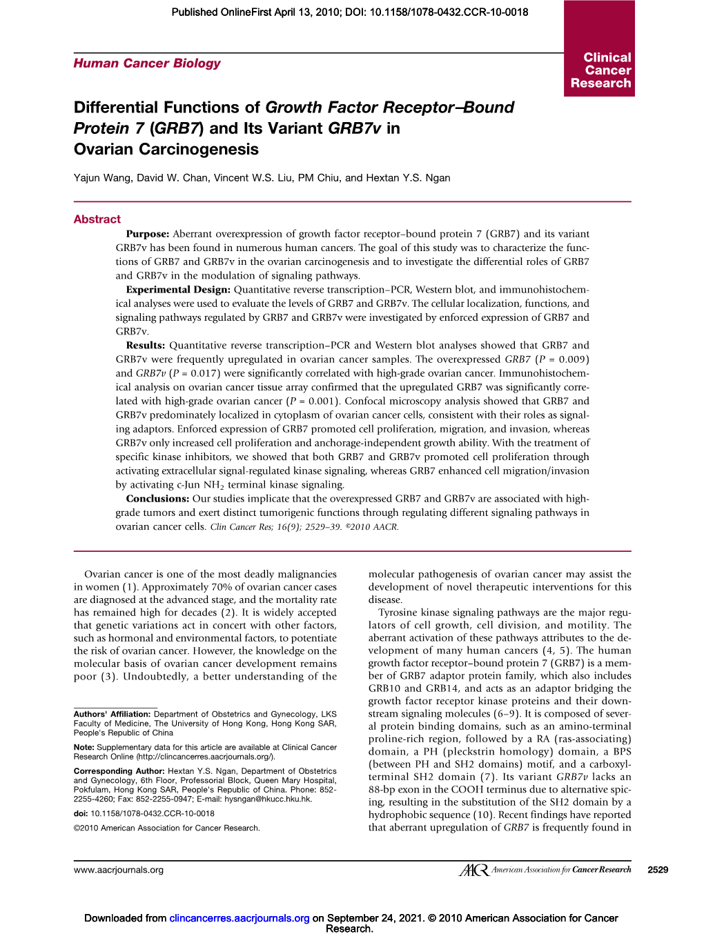 Differential Functions of Growth Factor Receptor–Bound Protein 7 (GRB7) and Its Variant Grb7v in Ovarian Carcinogenesis