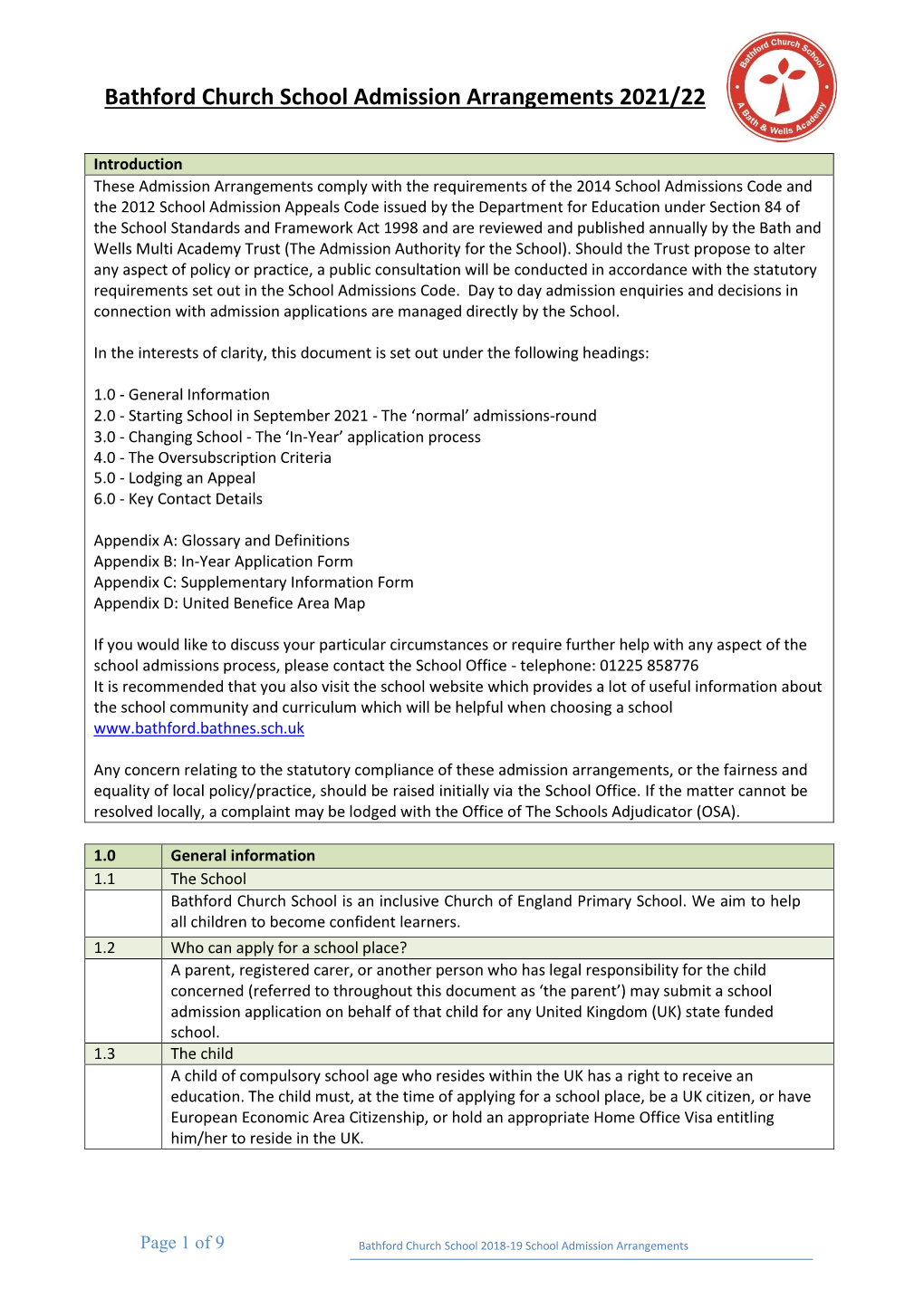 Bathford Church School Admissions Policy 2021-2022