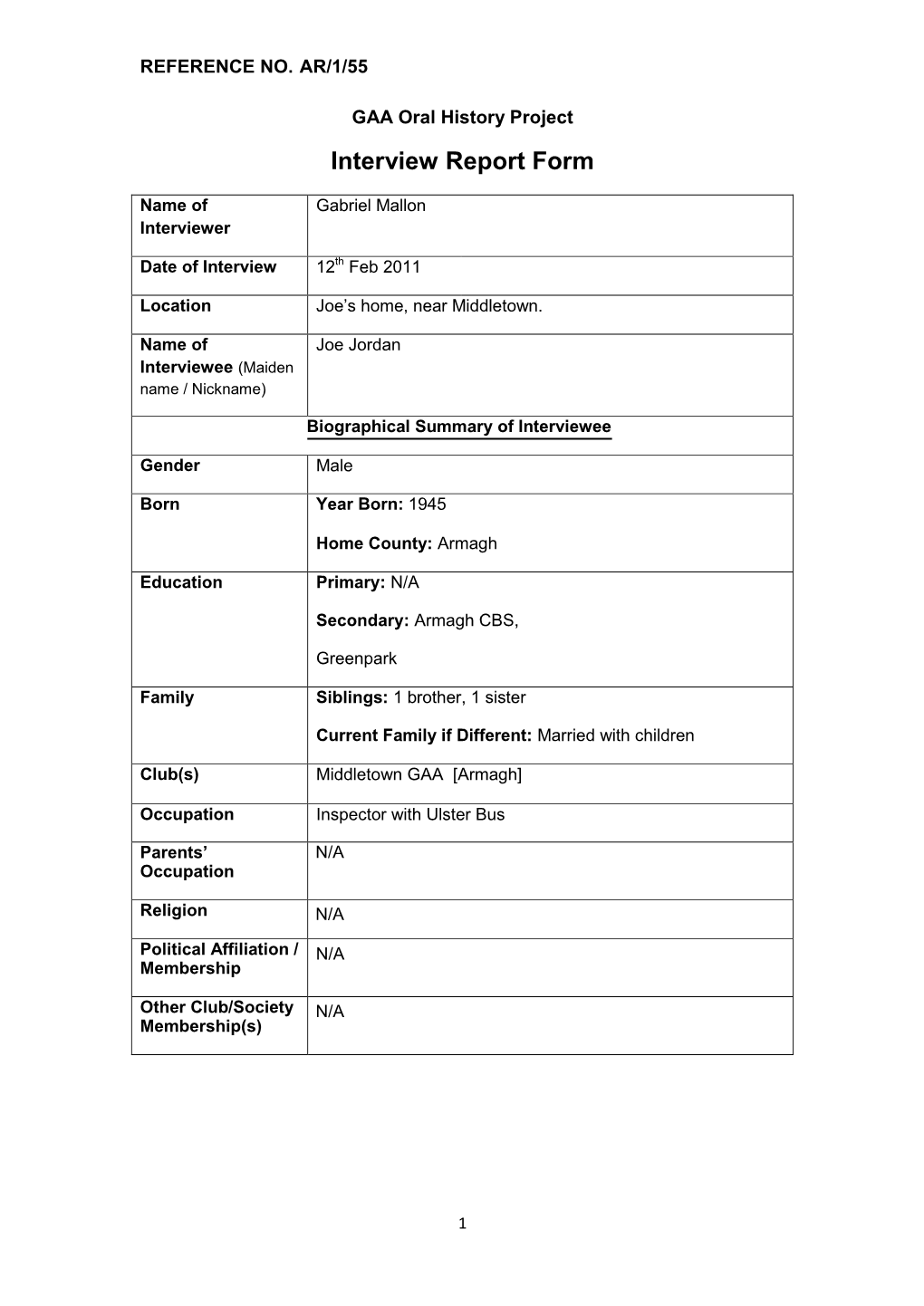 GAA Oral History Project Interview Report Form