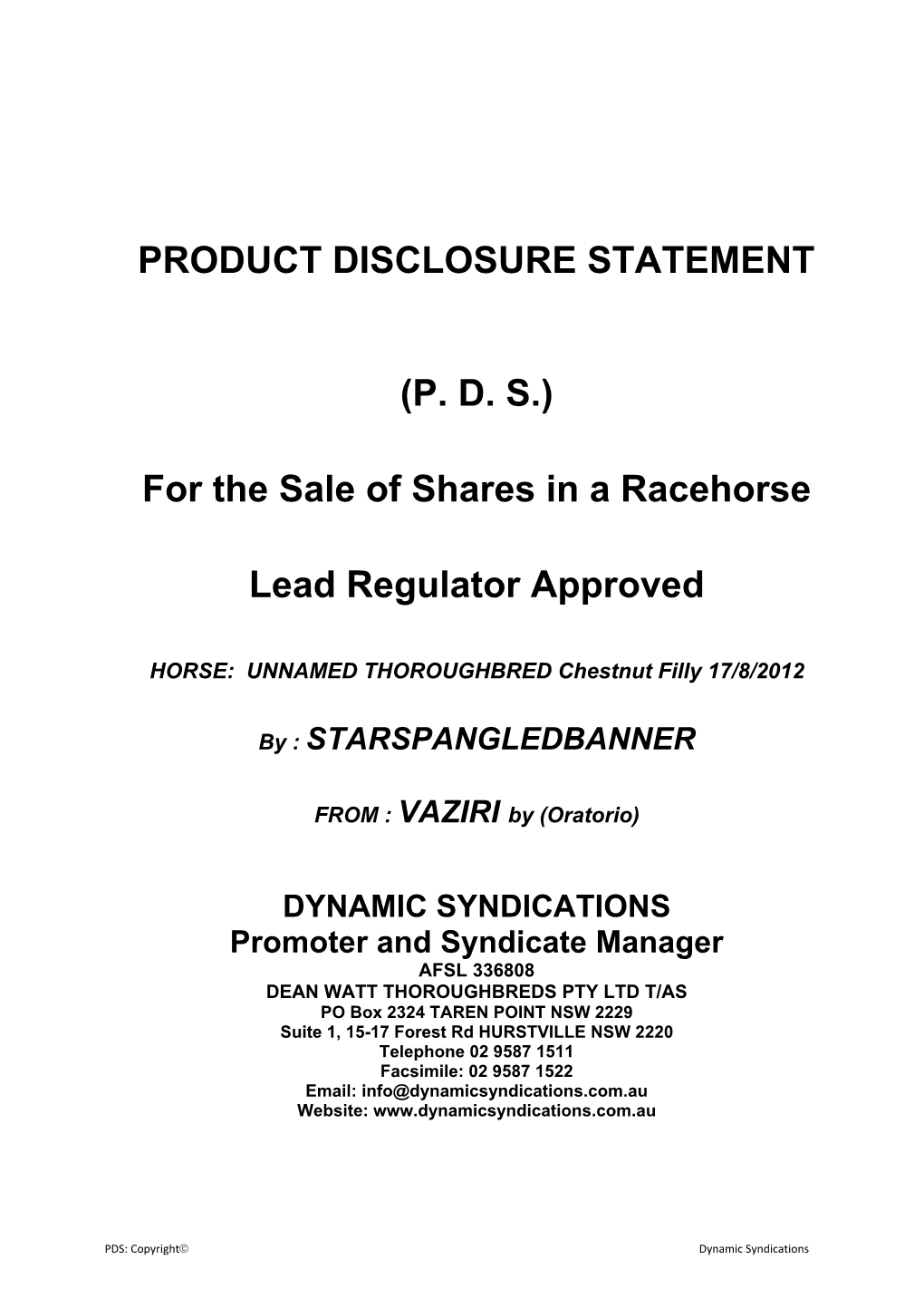 Product Disclosure Statement (Pds)