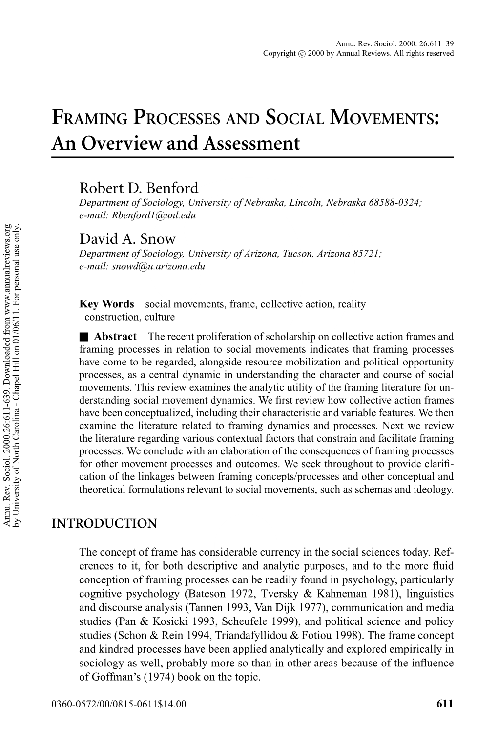 FRAMING PROCESSES and SOCIAL MOVEMENTS: an Overview and Assessment