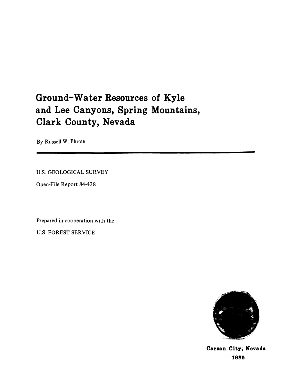 Ground-Water Resources of Kyle and Lee Canyons, Spring Mountains, Clark County, Nevada