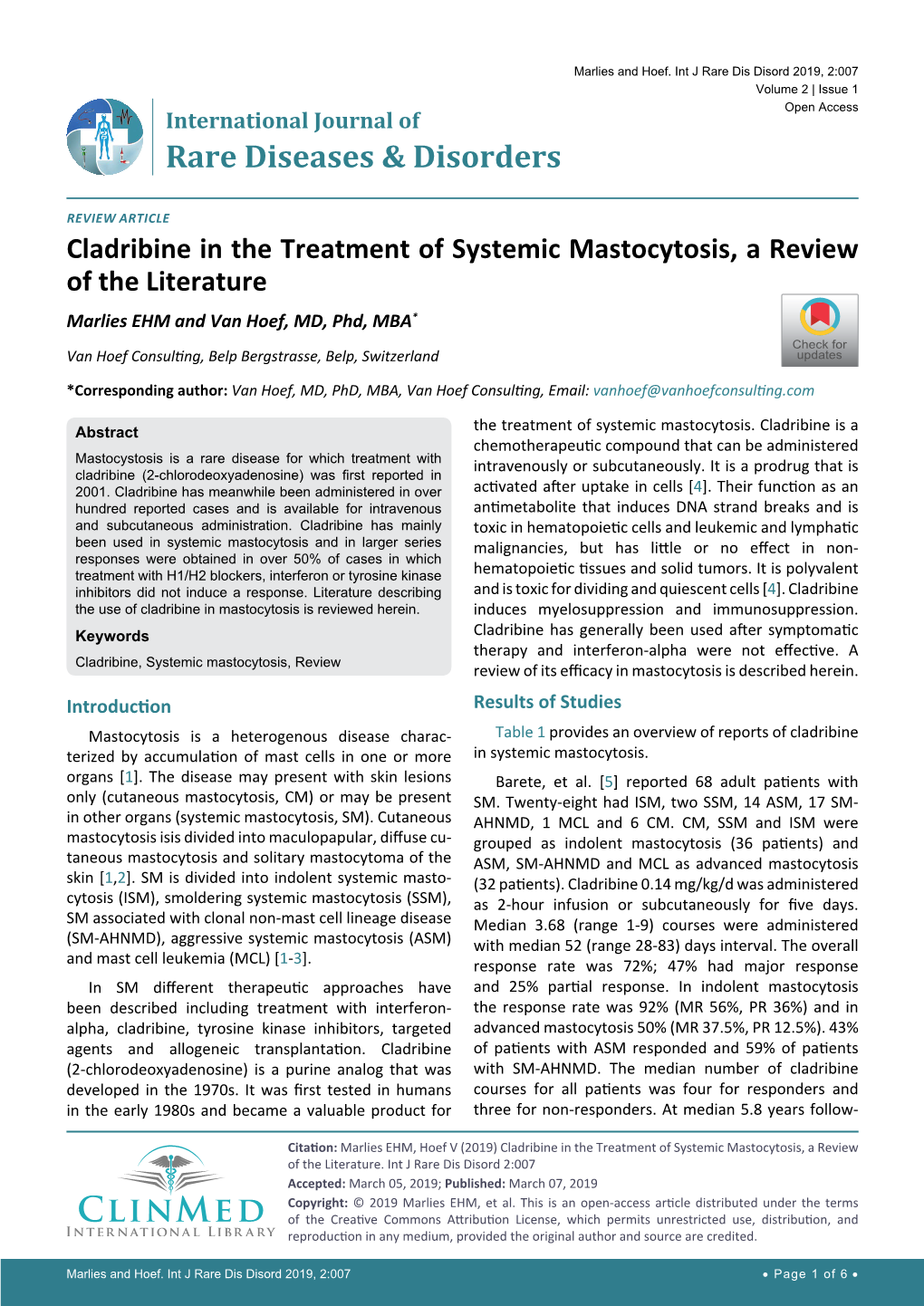 Cladribine in the Treatment of Systemic Mastocytosis, a Review Of