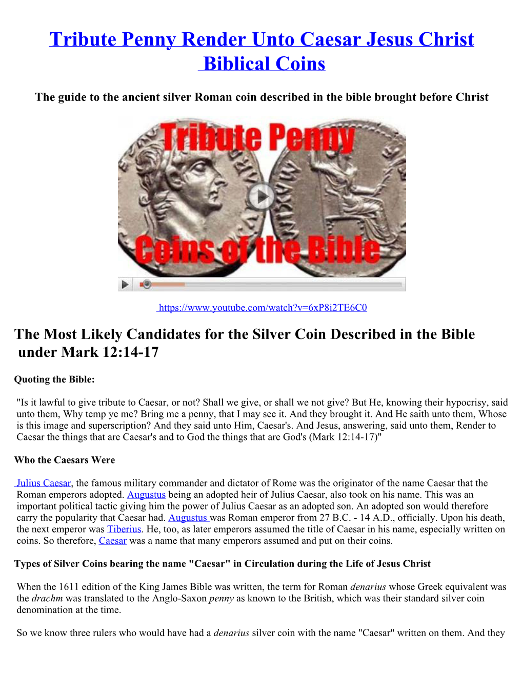 Tribute Penny Render Unto Caesar Jesus Christ Biblical Coins