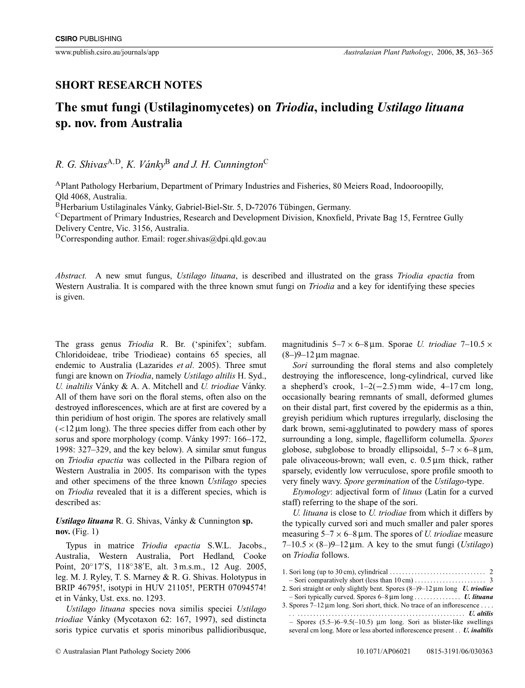 The Smut Fungi (Ustilaginomycetes) on Triodia, Including Ustilago Lituana Sp