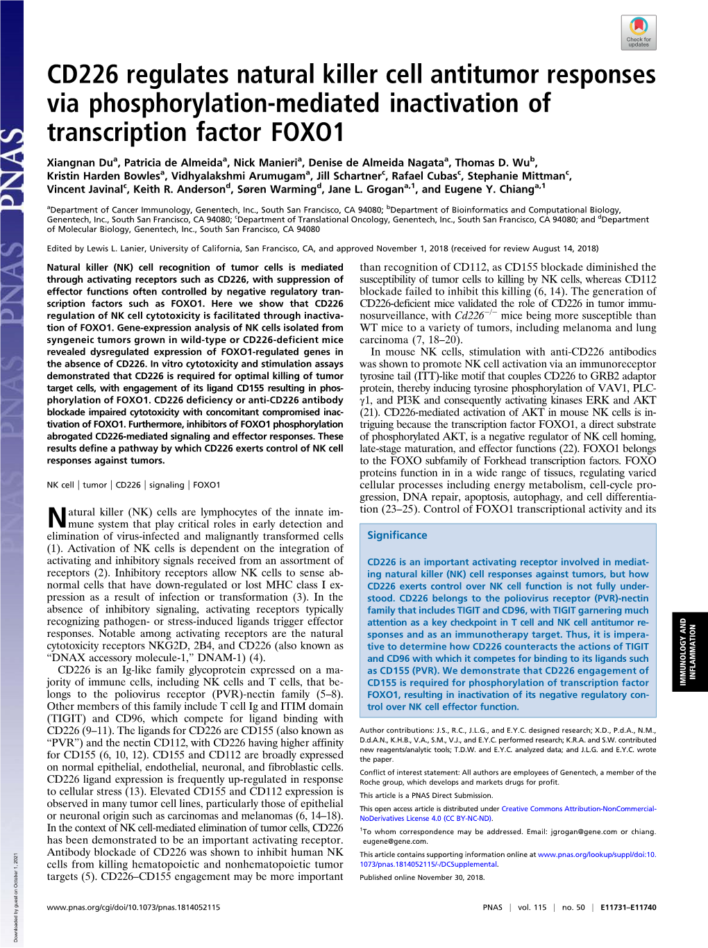 CD226 Regulates Natural Killer Cell Antitumor Responses Via Phosphorylation-Mediated Inactivation of Transcription Factor FOXO1
