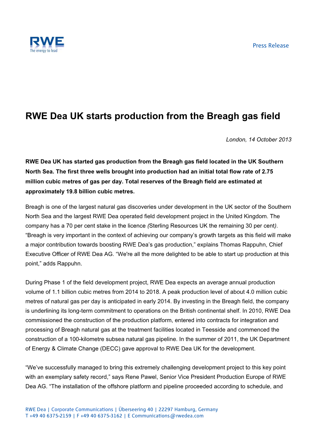 RWE Dea UK Starts Production from the Breagh Gas Field