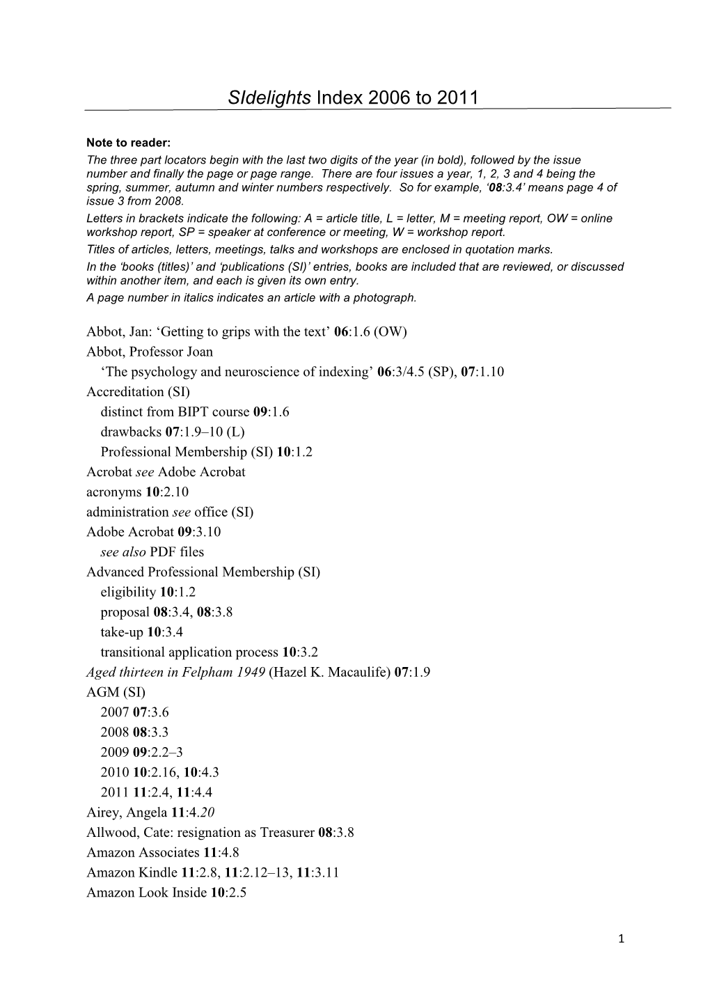 Sidelights Index 2006 to 2011