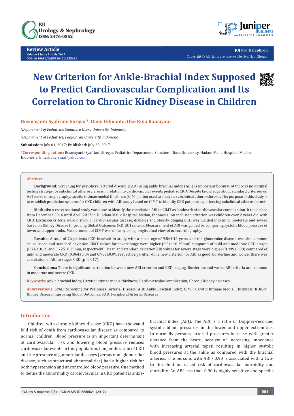 New Criterion for Ankle-Brachial Index Supposed to Predict Cardiovascular Complication and Its Correlation to Chronic Kidney Disease in Children