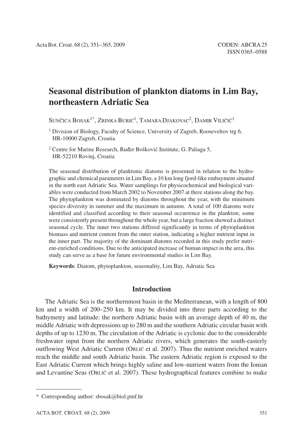 Seasonal Distribution of Plankton Diatoms in Lim Bay, Northeastern Adriatic Sea
