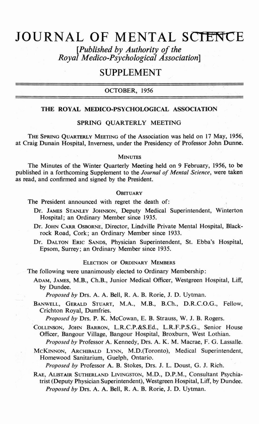 JOURNAL of MENTAL SCTH^CE [Published by Authority of the Royal Medico-Psychological Association] SUPPLEMENT OCTOBER, 1956