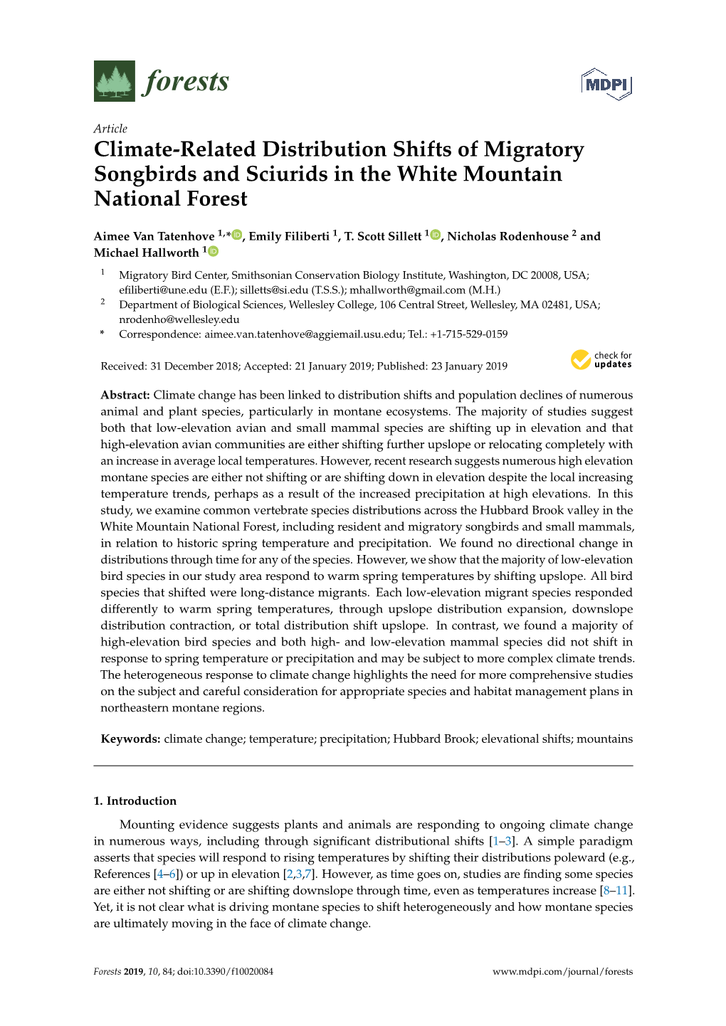 Climate-Related Distribution Shifts of Migratory Songbirds and Sciurids in the White Mountain National Forest