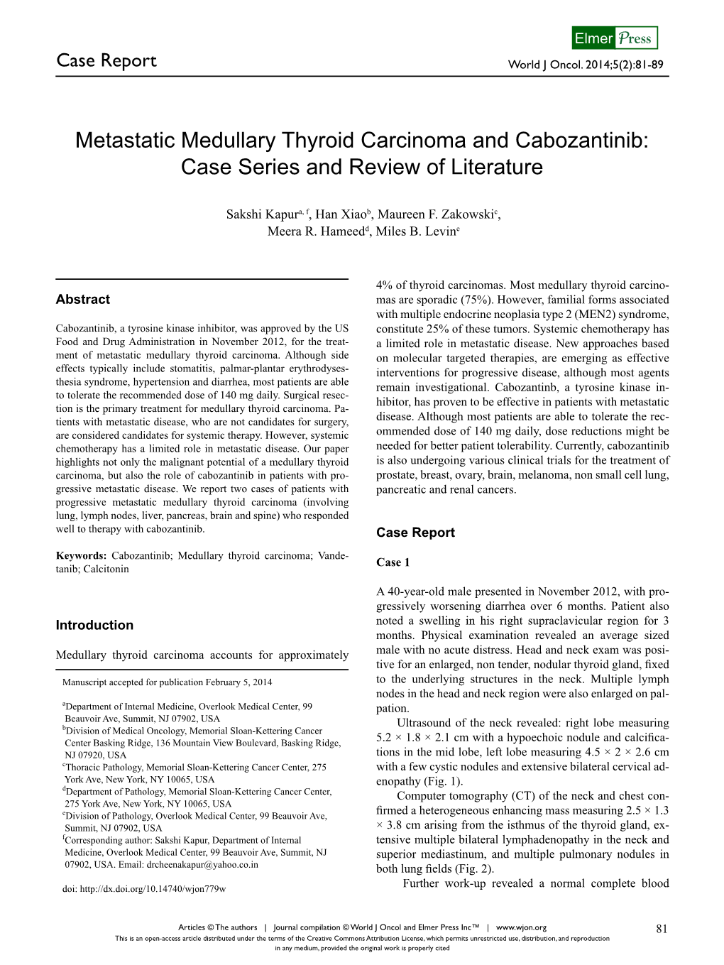 Metastatic Medullary Thyroid Carcinoma and Cabozantinib: Case Series and Review of Literature