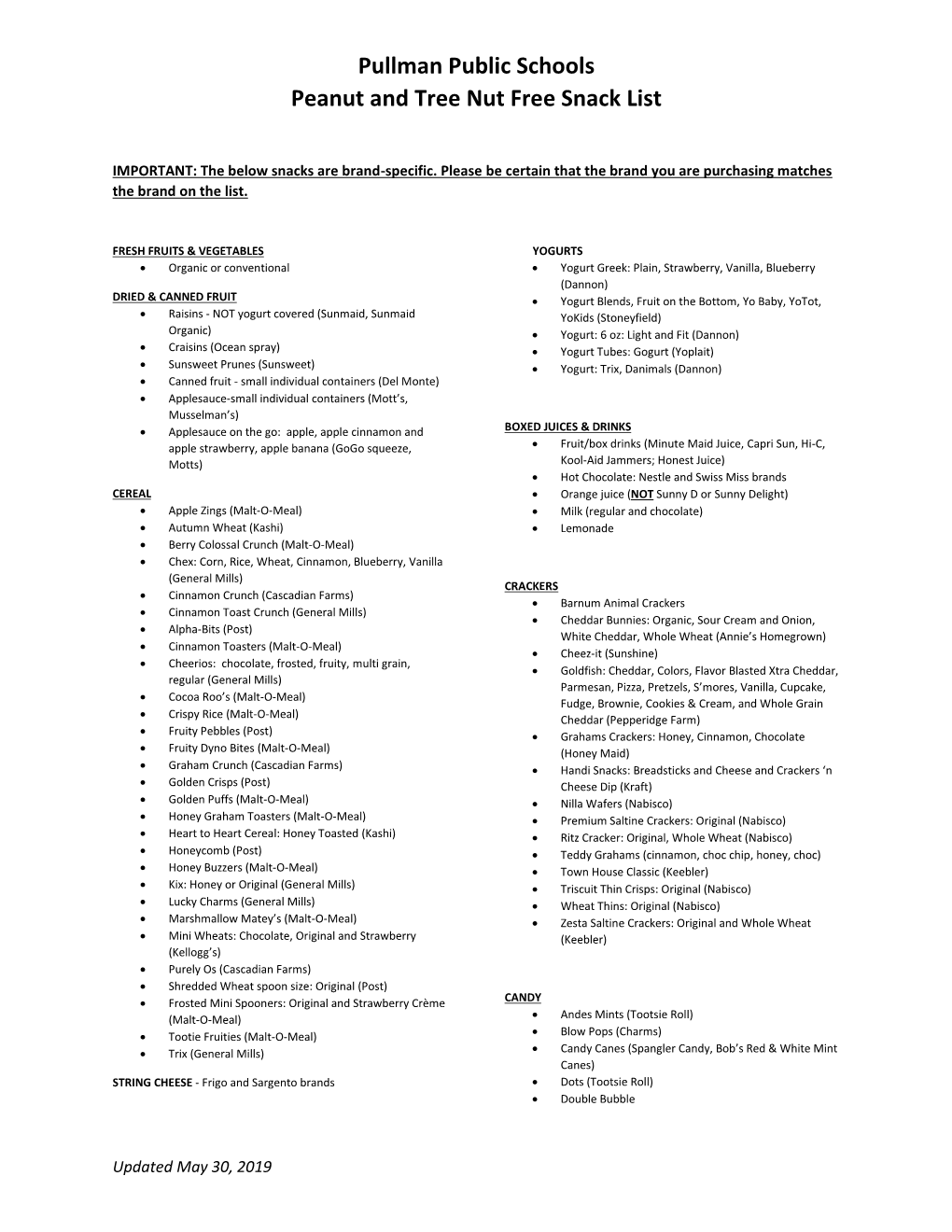 Pullman Public Schools Approved Snack List