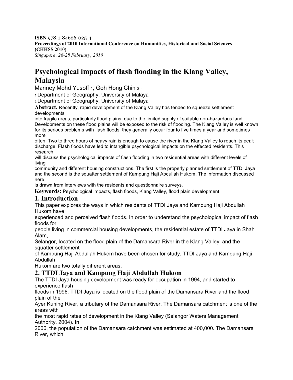 Psychological Impacts of Flash Flooding in the Klang Valley, Malaysia