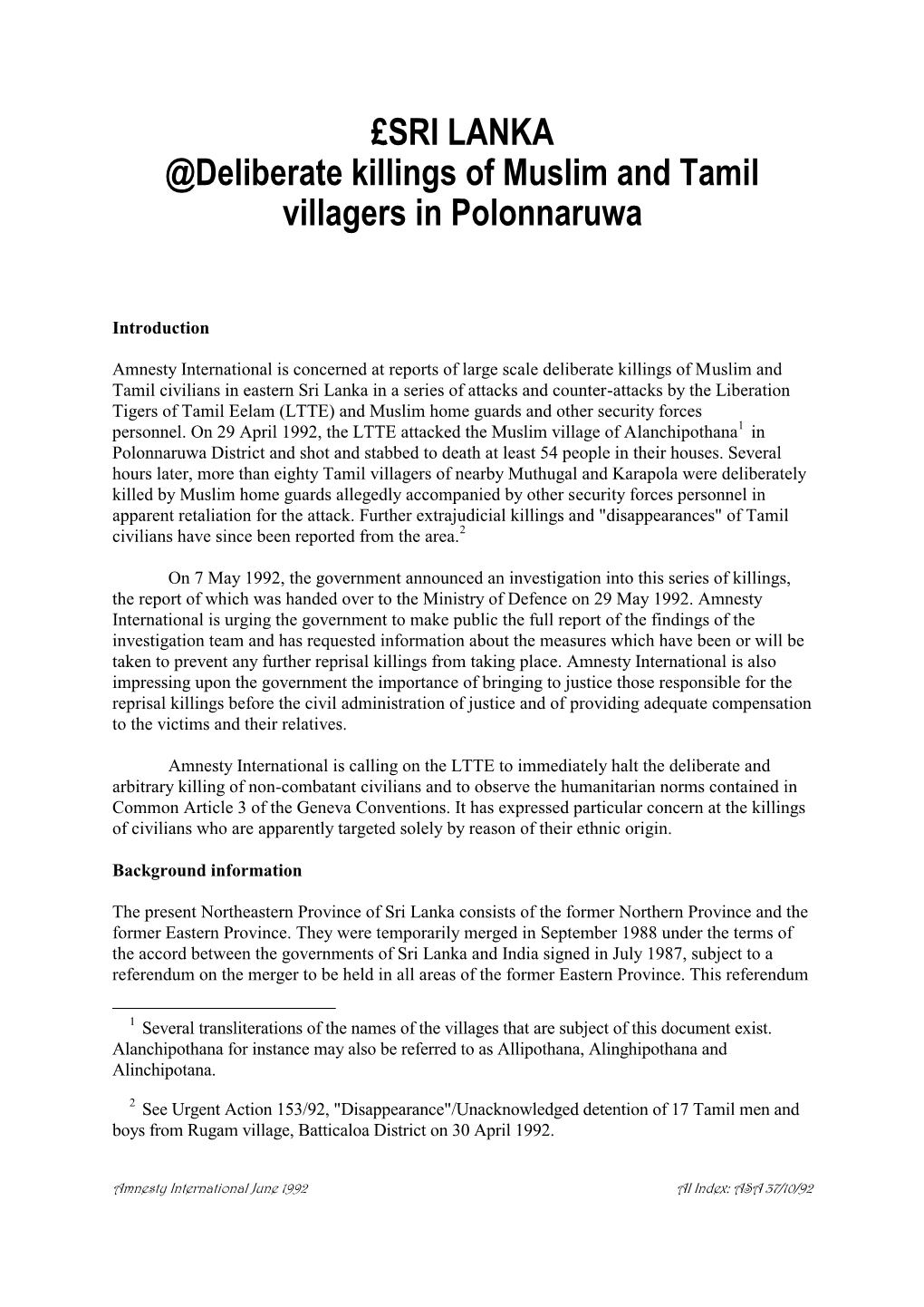 £SRI LANKA @Deliberate Killings of Muslim and Tamil Villagers in Polonnaruwa