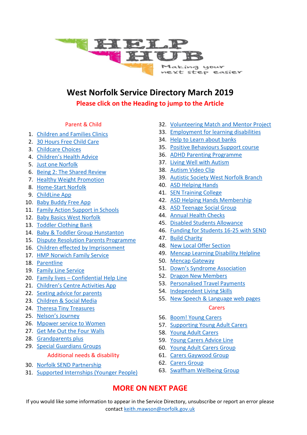West Norfolk Service Directory March 2019 Please Click on the Heading to Jump to the Article