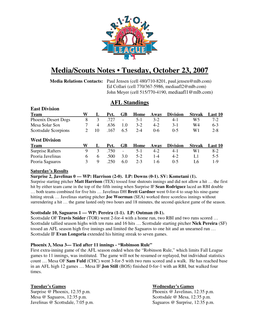 Media/Scouts Notes • Tuesday, October 23, 2007