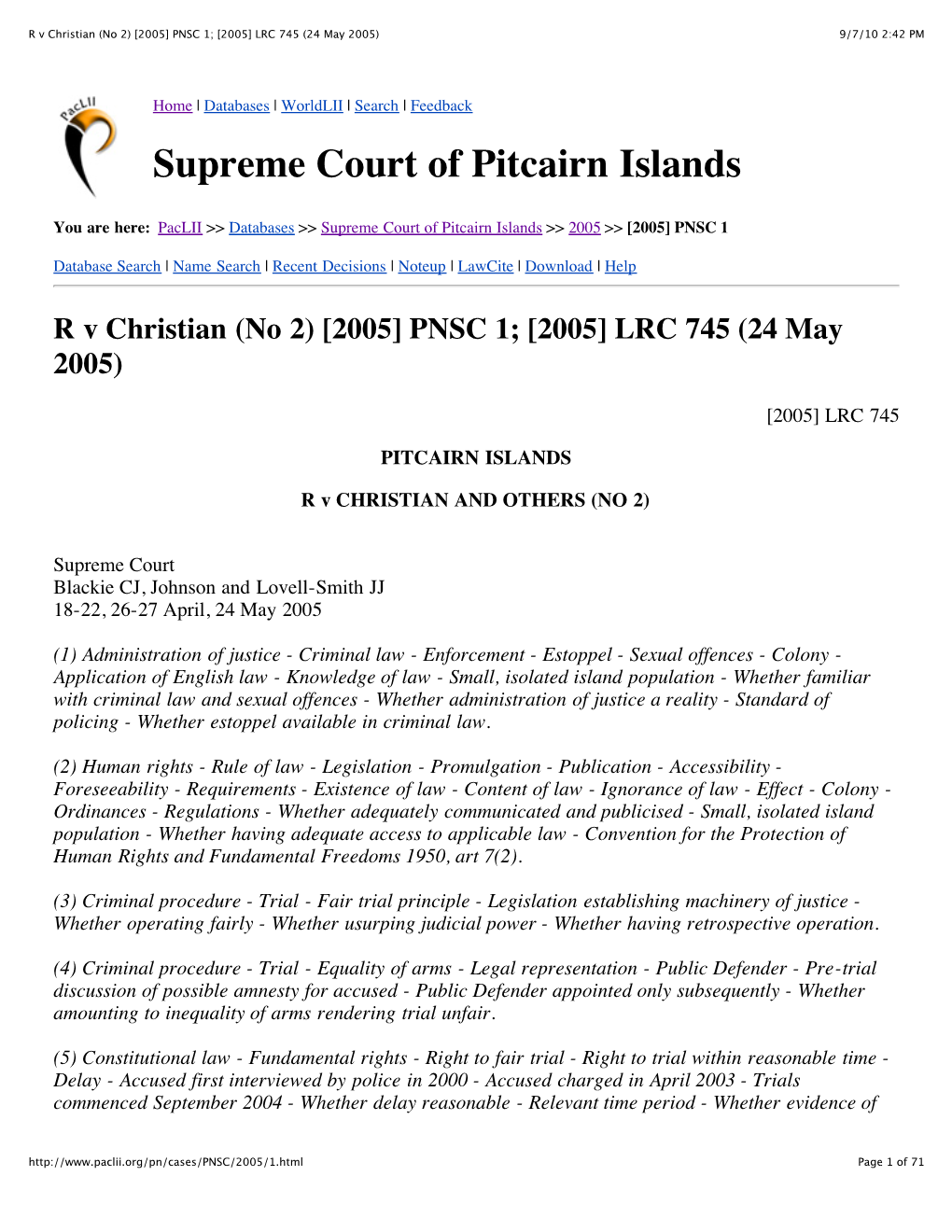 R V Christian (No 2) [2005] PNSC 1; [2005] LRC 745 (24 May 2005) 9/7/10 2:42 PM