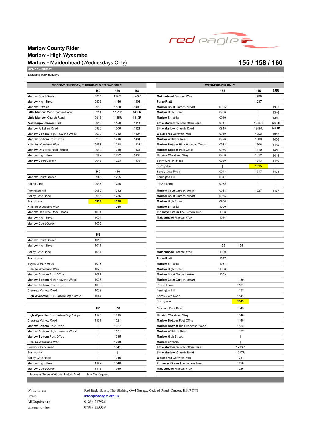 High Wycombe Marlow - Maidenhead (Wednesdays Only) 155 / 158 / 160 MONDAY-FRIDAY Excluding Bank Holidays