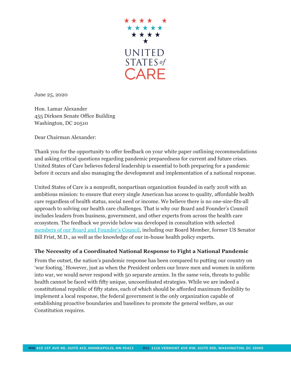 US of Care Response to Chairman Alexander's Pandemic White Paper