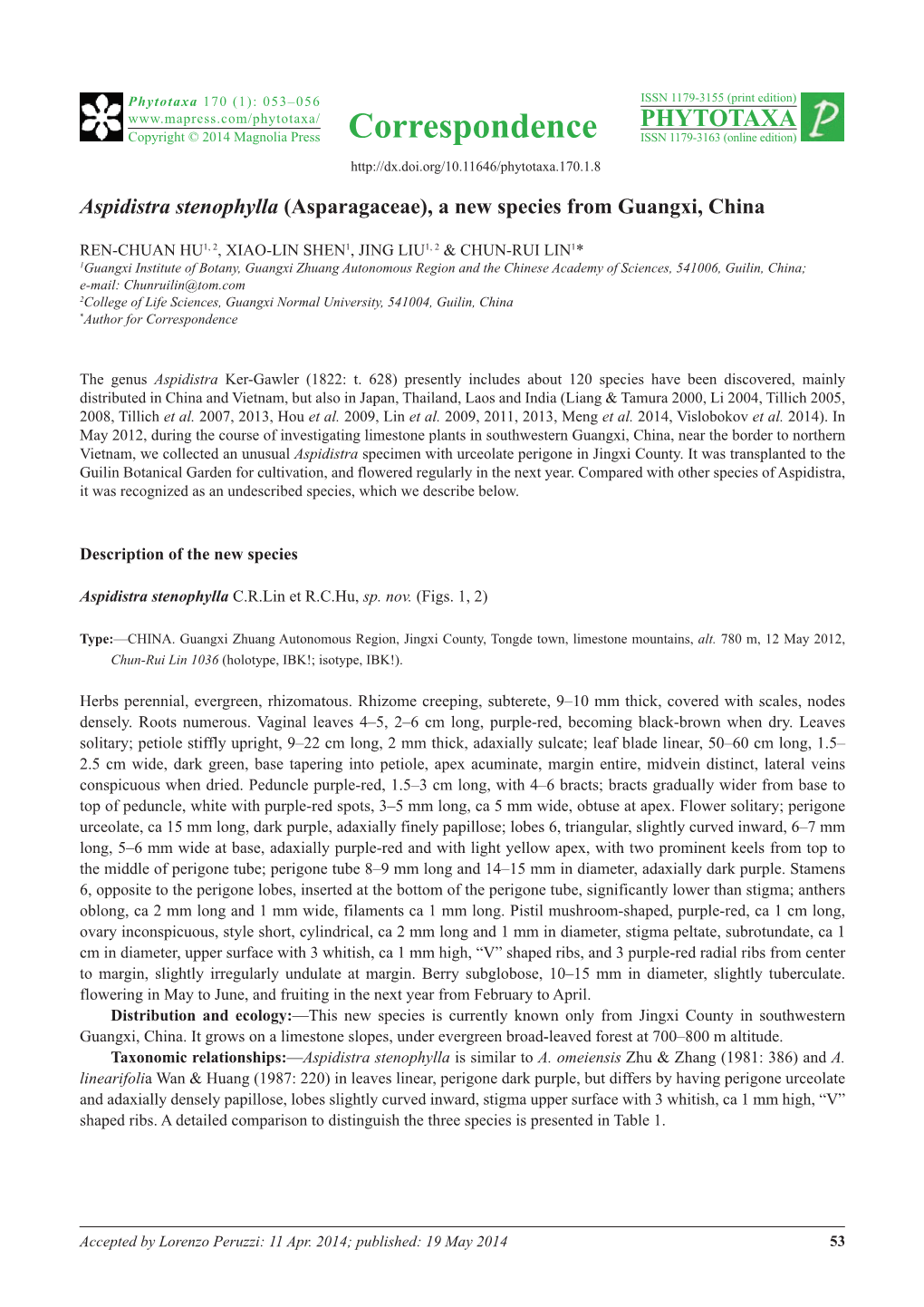 Aspidistra Stenophylla (Asparagaceae), a New Species from Guangxi, China