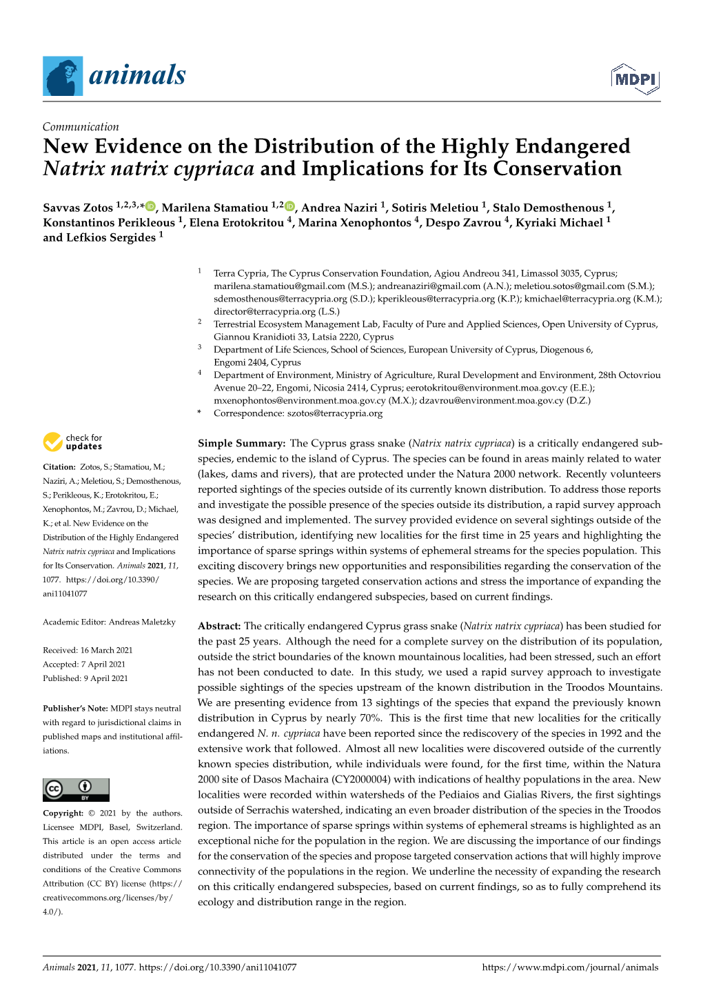 New Evidence on the Distribution of the Highly Endangered Natrix Natrix Cypriaca and Implications for Its Conservation