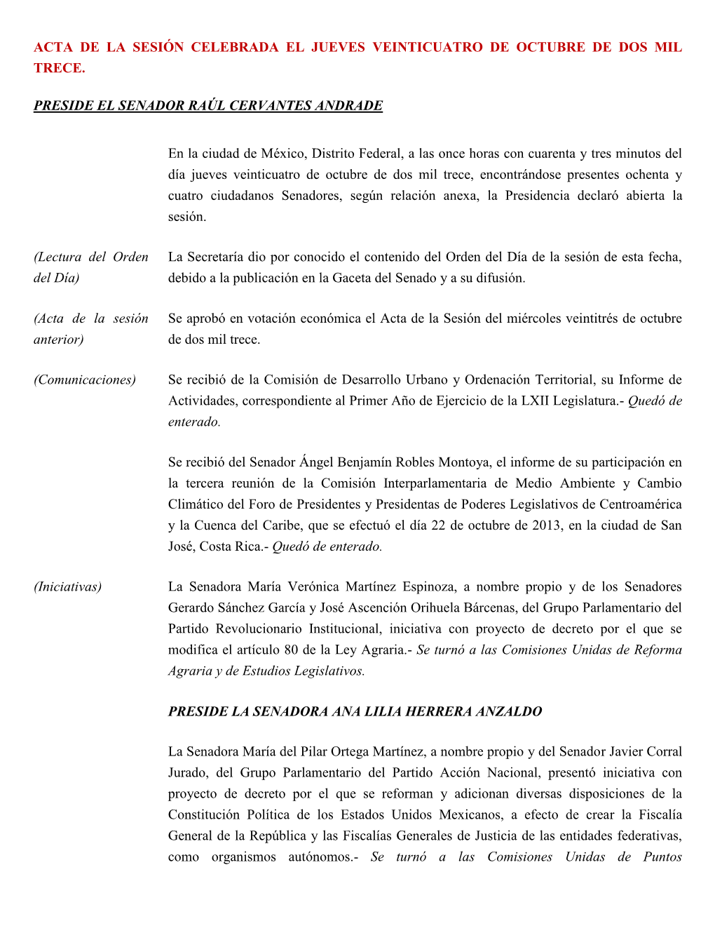 Acta De La Sesión Celebrada El Jueves Veinticuatro De Octubre De Dos Mil Trece