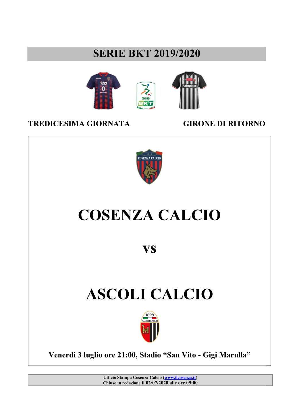 COSENZA CALCIO Vs ASCOLI CALCIO