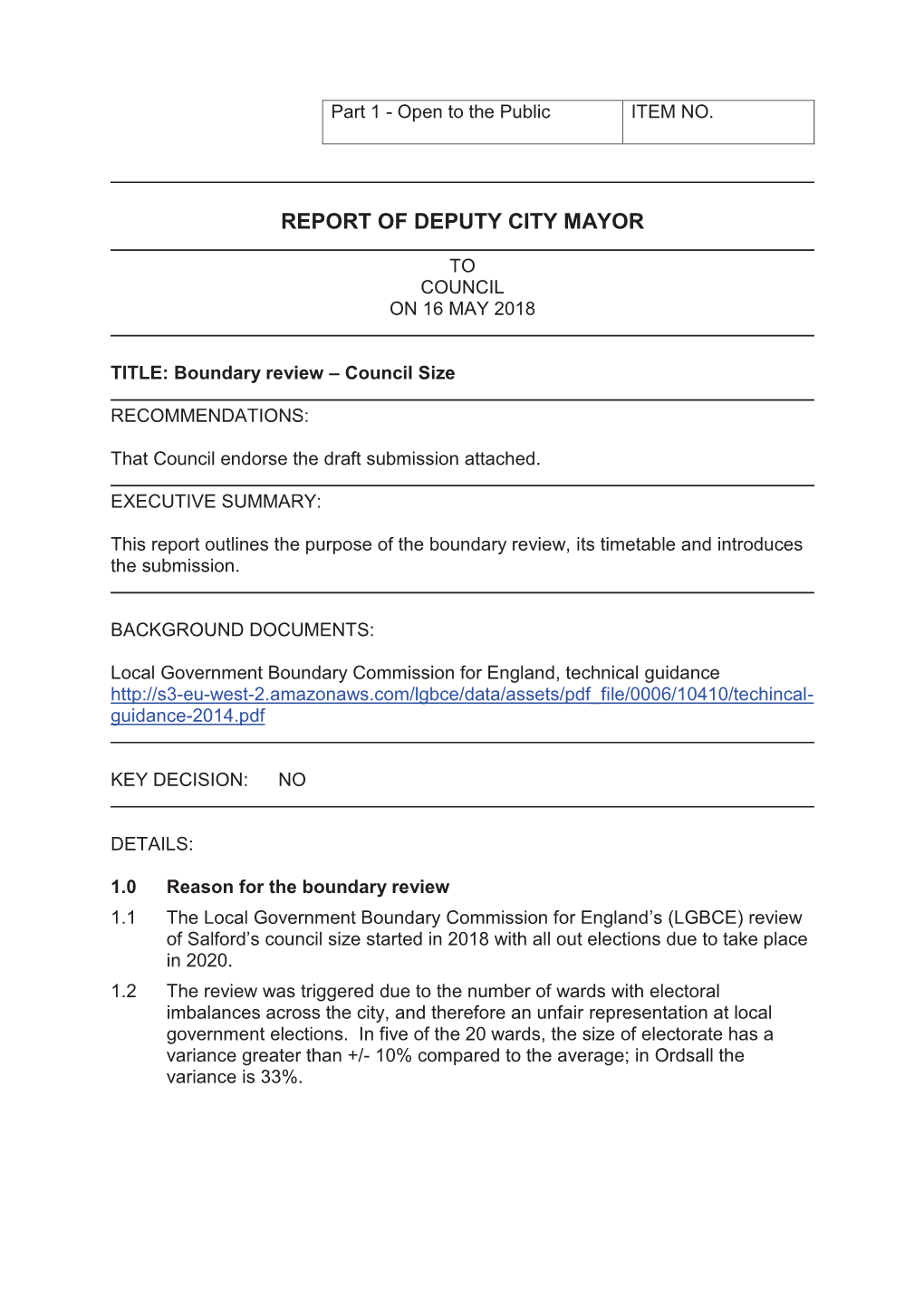 Report of Deputy City Mayor