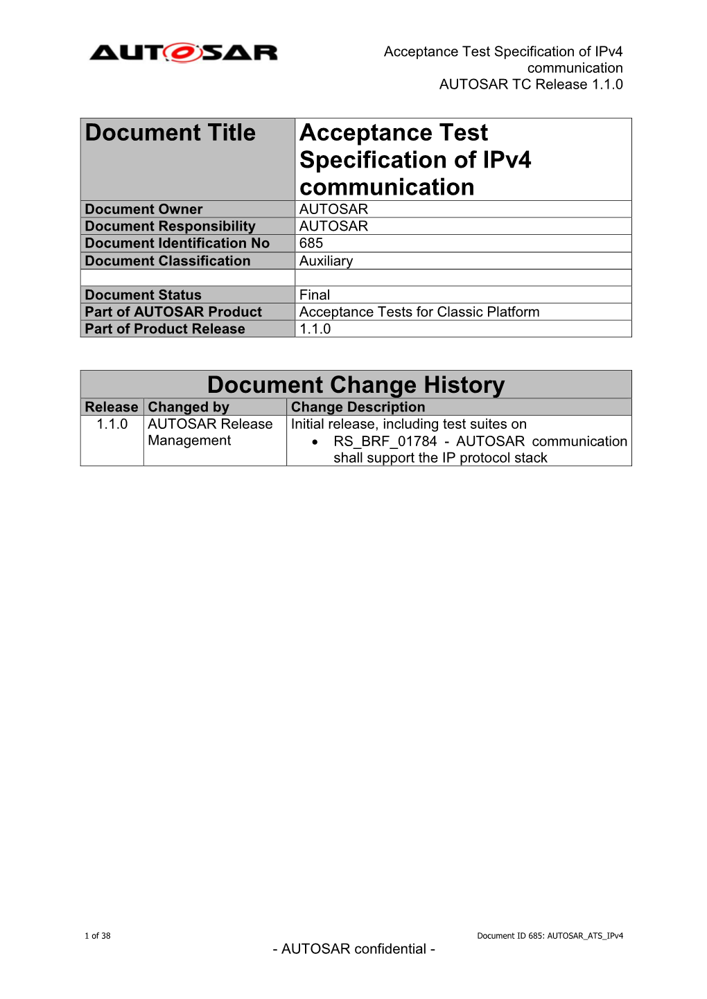 Acceptance Test Specification of Ipv4 Communication AUTOSAR TC Release 1.1.0