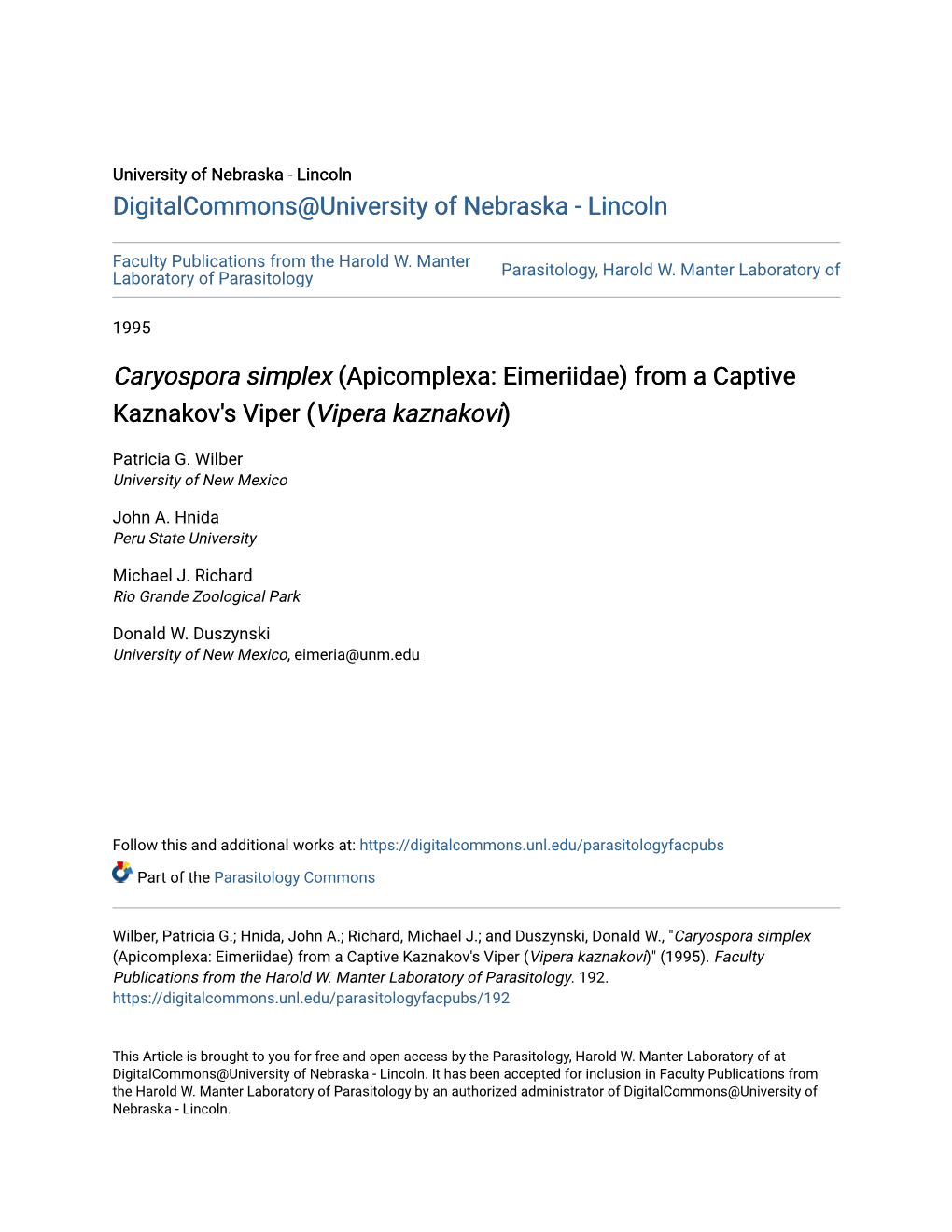 &lt;I&gt;Caryospora Simplex&lt;/I&gt; (Apicomplexa: Eimeriidae) from A