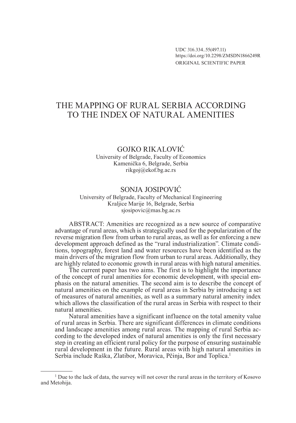 The Mapping of Rural Serbia According to the Index of Natural Amenities