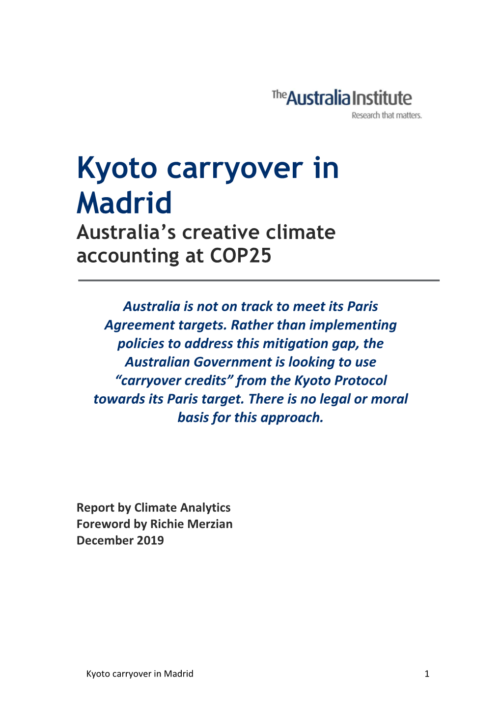 Kyoto Carryover in Madrid Australia’S Creative Climate Accounting at COP25