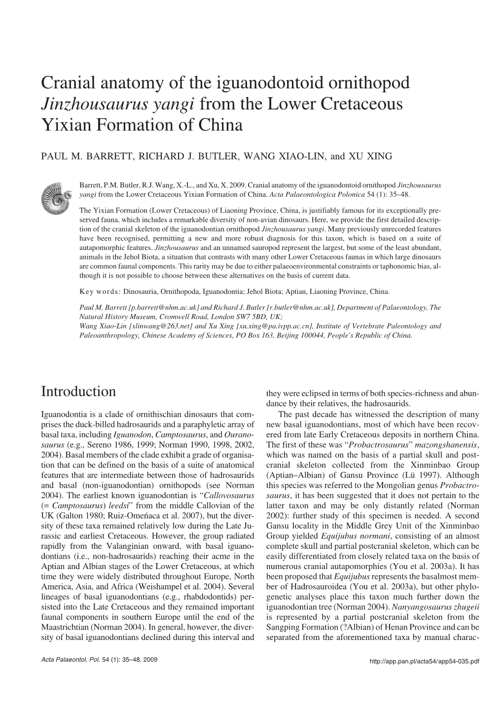 Cranial Anatomy of the Iguanodontoid Ornithopod Jinzhousaurus Yangi from the Lower Cretaceous Yixian Formation of China