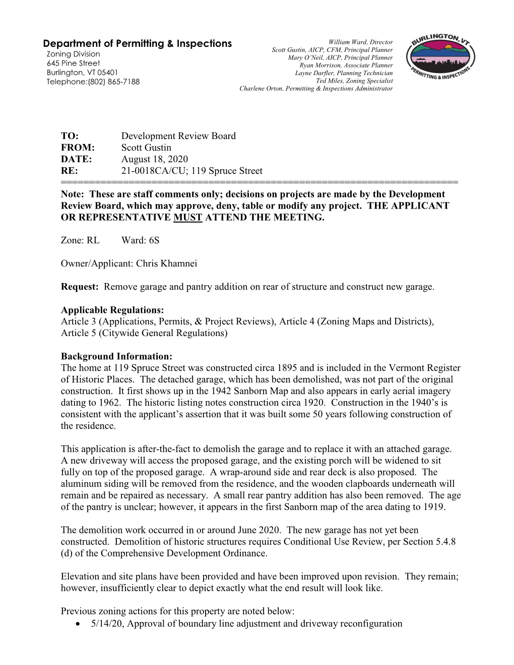 Department of Permitting & Inspections TO: Development Review Board FROM: Scott Gustin DATE: August 18, 2020 RE: 21-0018CA