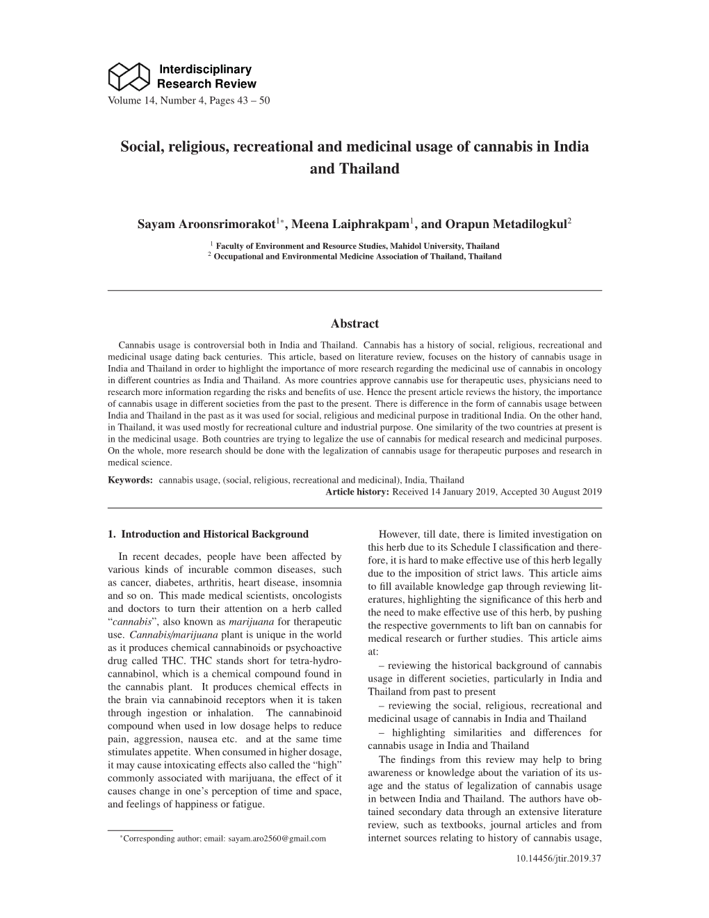 Social, Religious, Recreational and Medicinal Usage of Cannabis in India and Thailand