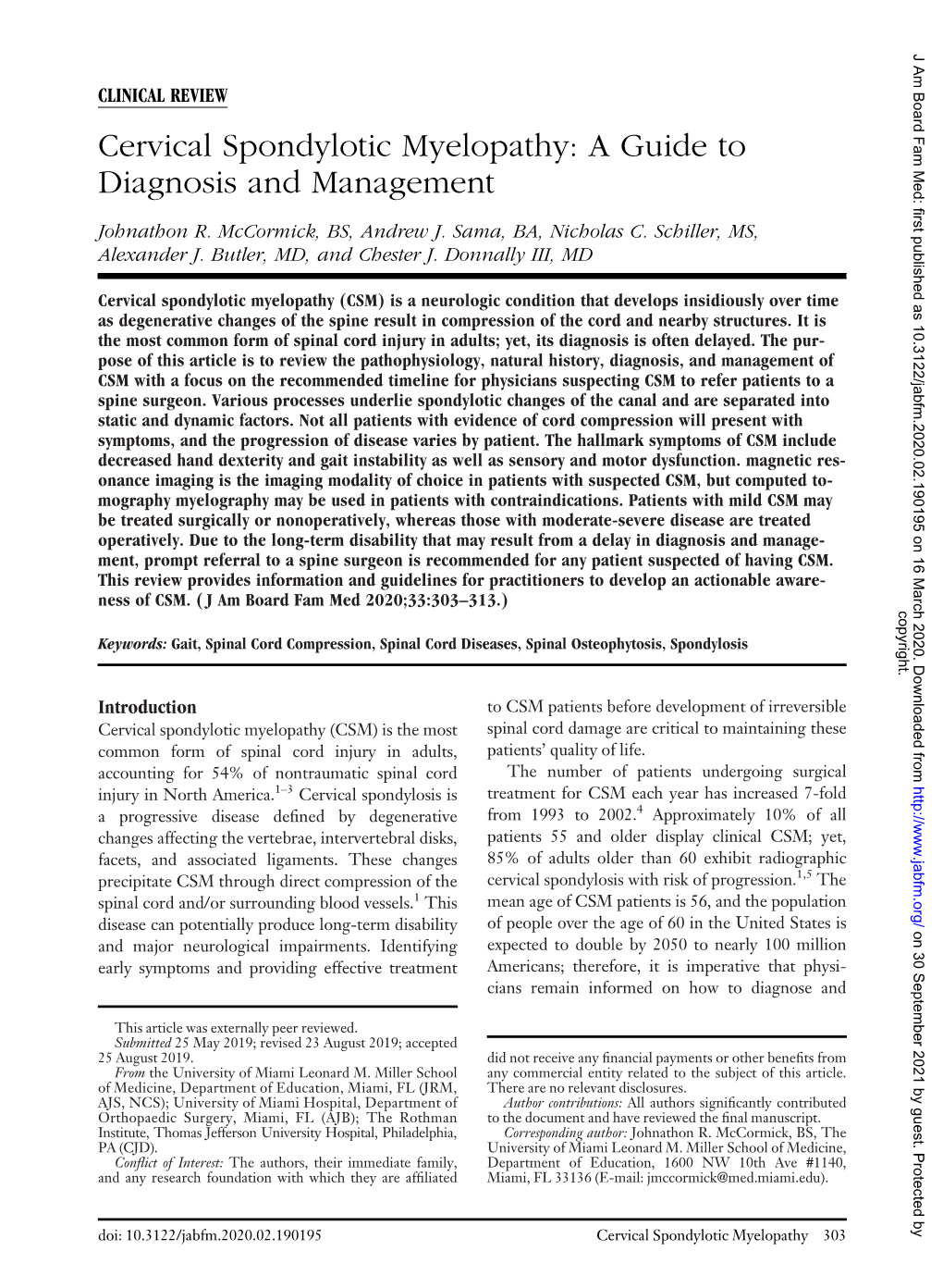 Cervical Spondylotic Myelopathy: a Guide to Diagnosis and Management Johnathon R