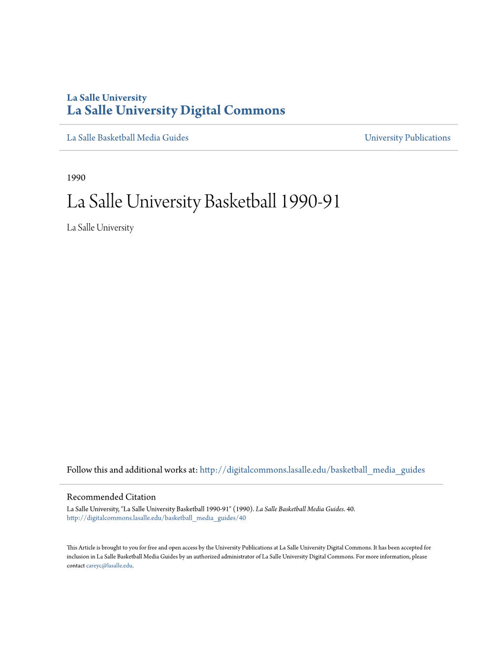 La Salle University Basketball 1990-91 La Salle University