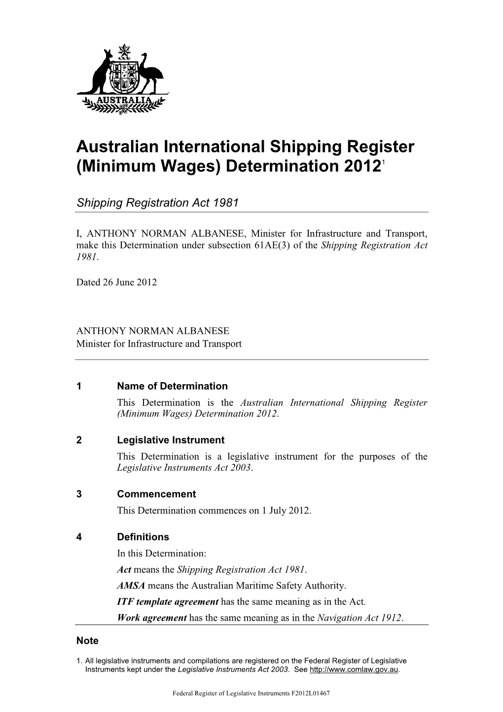 Australian International Shipping Register (Minimum Wages) Determination 20121