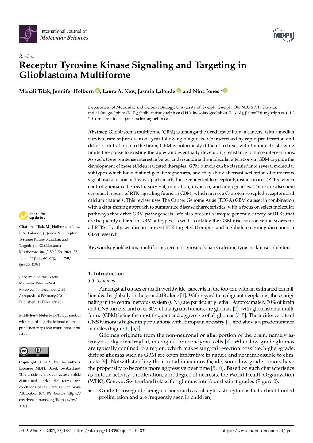 Receptor Tyrosine Kinase Signaling and Targeting in Glioblastoma Multiforme