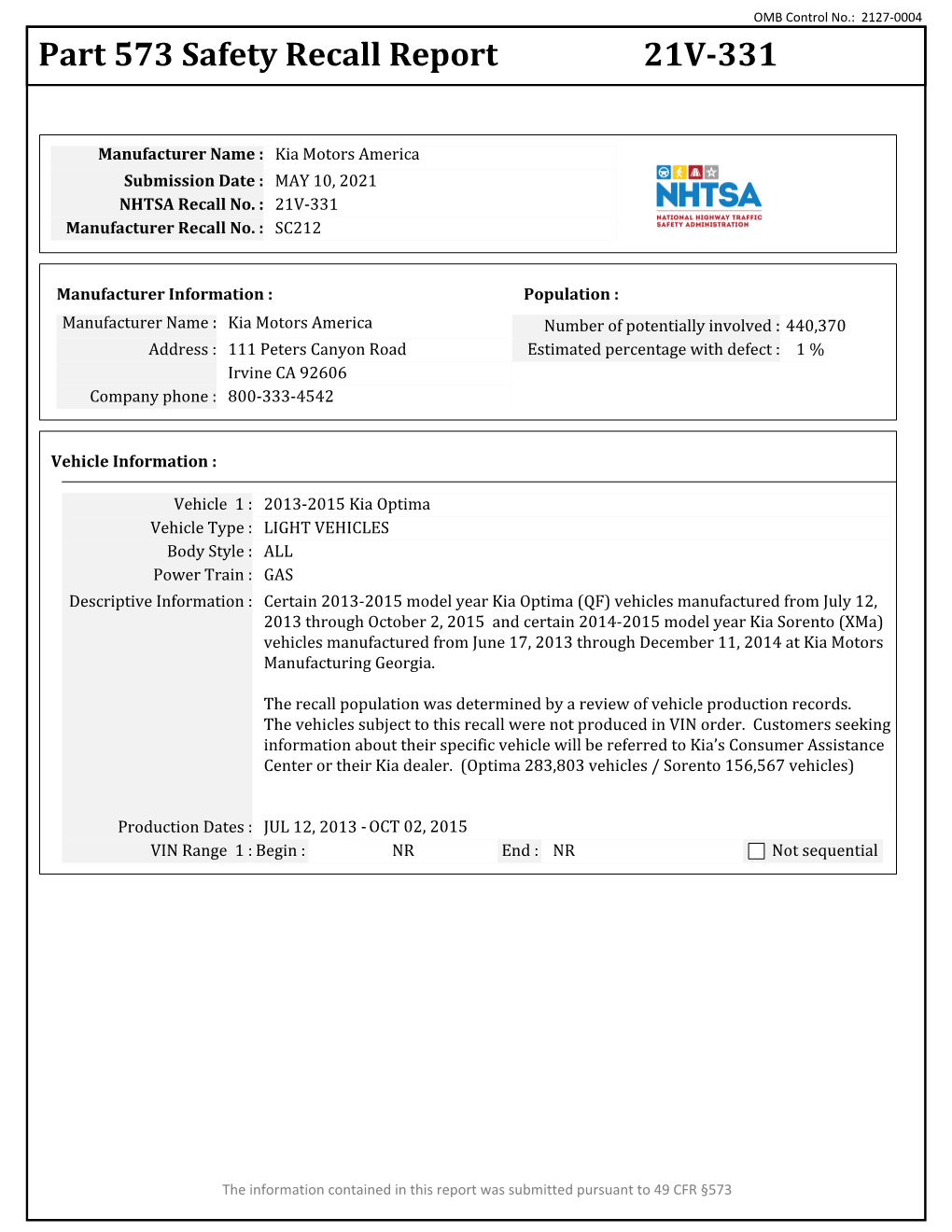 Part 573 Safety Recall Report 21V-331