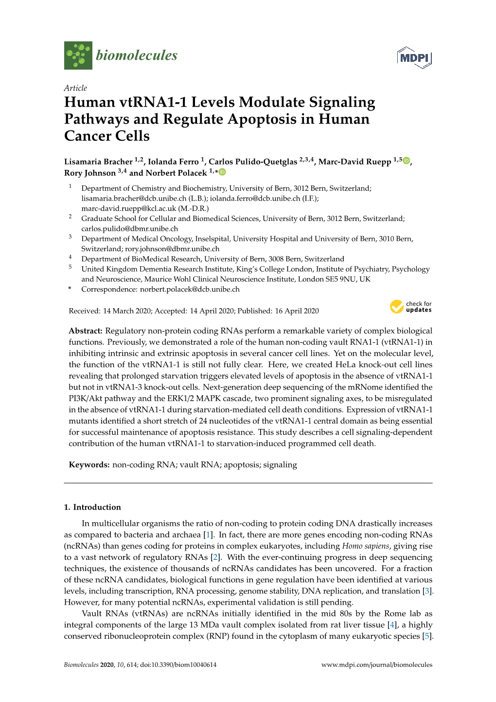 Human Vtrna1-1 Levels Modulate Signaling Pathways and Regulate Apoptosis in Human Cancer Cells