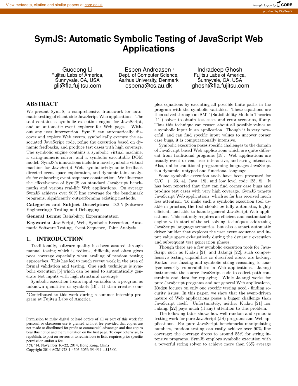 Symjs: Automatic Symbolic Testing of Javascript Web Applications