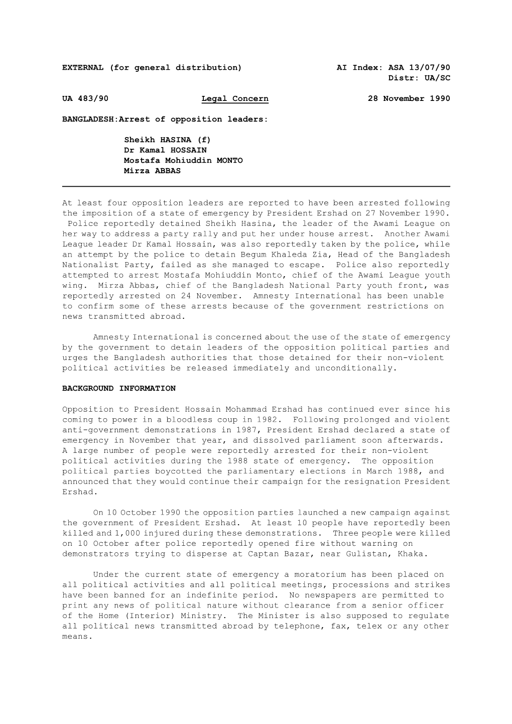 UA/SC UA 483/90 Legal Concern 28 November 1990 BANGLADESH