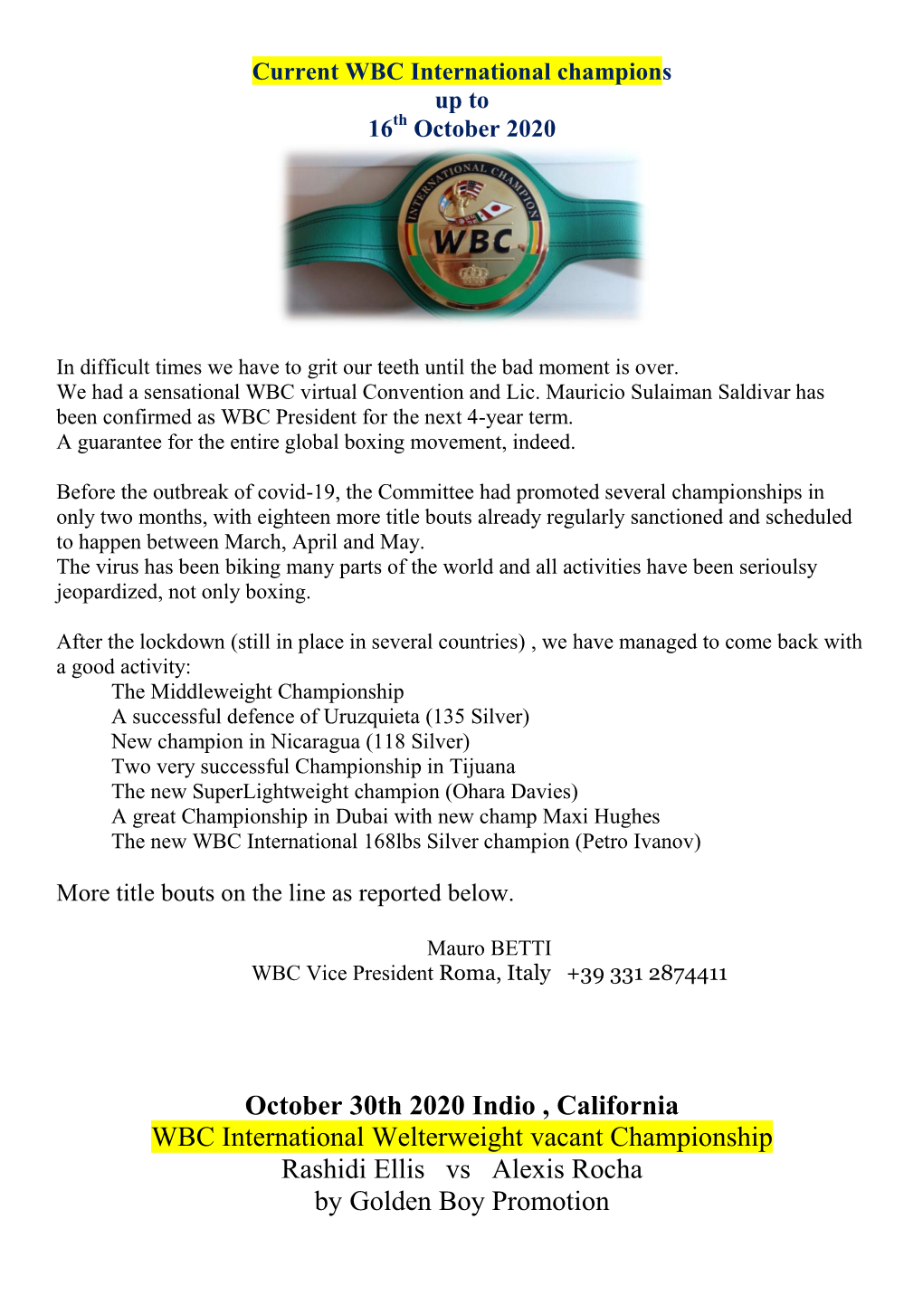 October 30Th 2020 Indio , California WBC International Welterweight