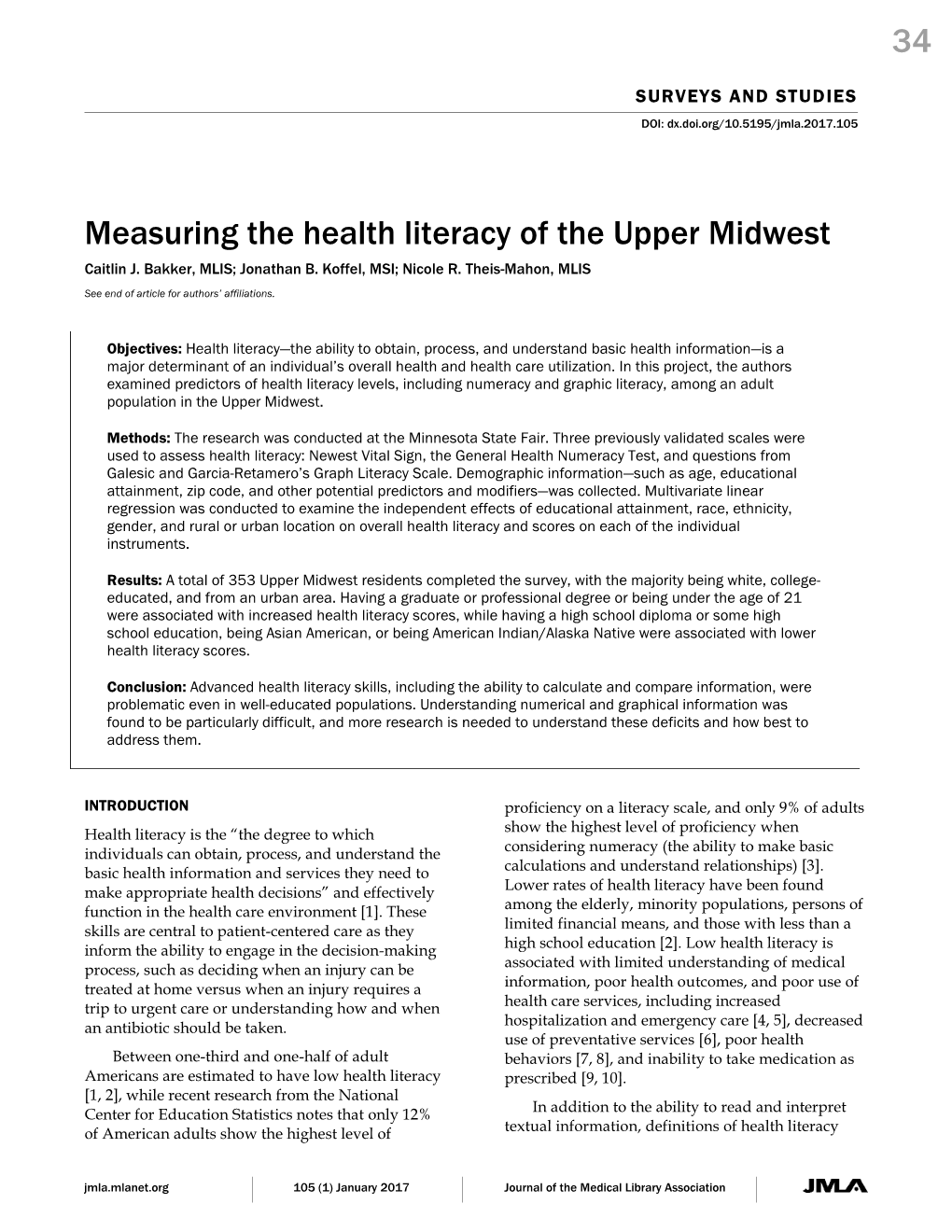 34 Measuring the Health Literacy of the Upper Midwest
